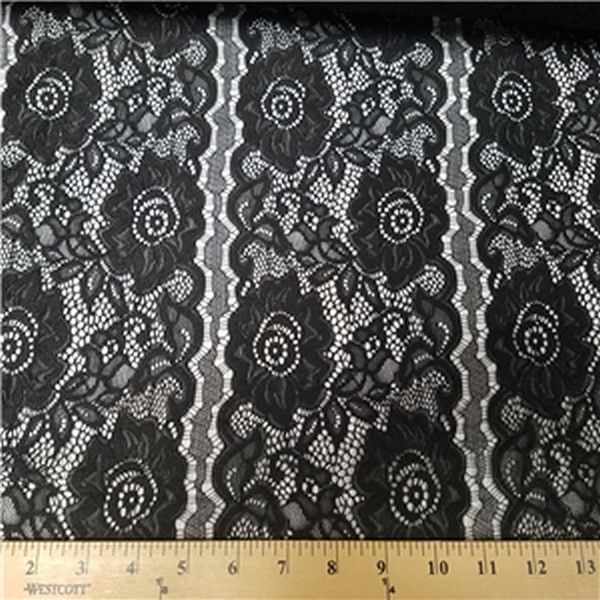 Floral Pattern on Black Stretch Lace Fabric by The Yard