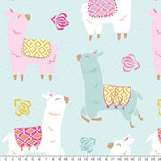 Premium Anti-Pill Happy Llamas White Teal Fleece B975 "LAST PIECE MEASURES 32 INCHES LONG"